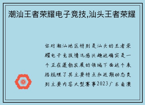 潮汕王者荣耀电子竞技,汕头王者荣耀