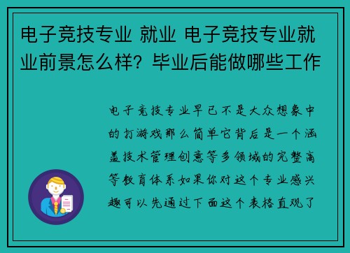 电子竞技专业 就业 电子竞技专业就业前景怎么样？毕业后能做哪些工作？